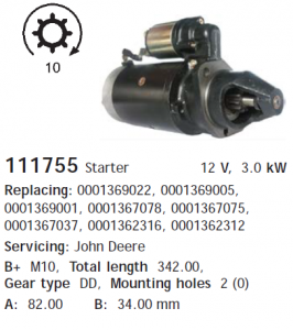 Стартер John Deere 1032, 1042, 1052, 1055, 1068, 1075, 2254, 2256, 2264, 2266, 2450, 2650